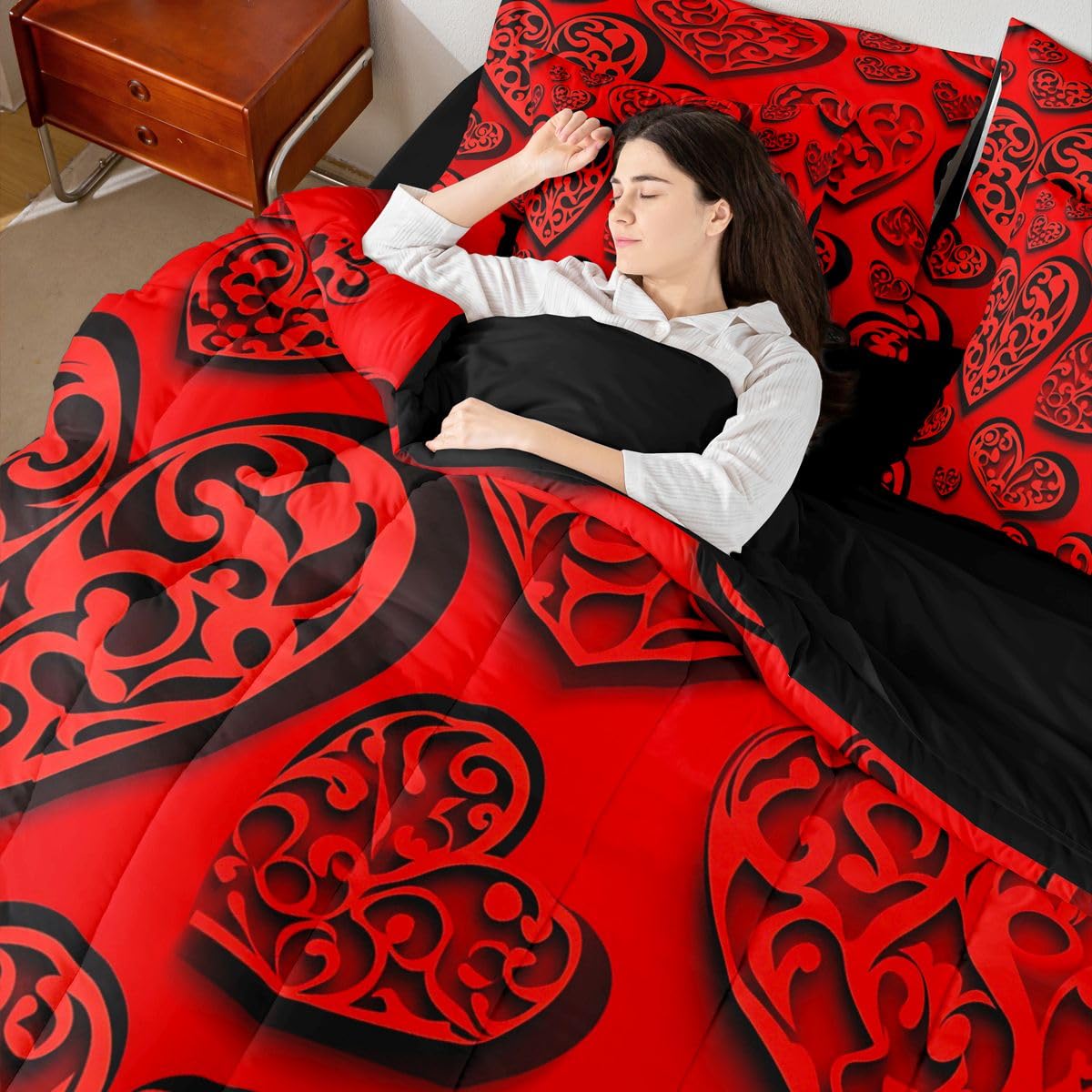 Erosebridal Red Love Heart Full Bedding Set - Valentines Day Decor Bed in A Bag,Cute Heart Comforter Sets with Sheets, Romance Couple 7 Pieces Bed Set Bedroom Decor