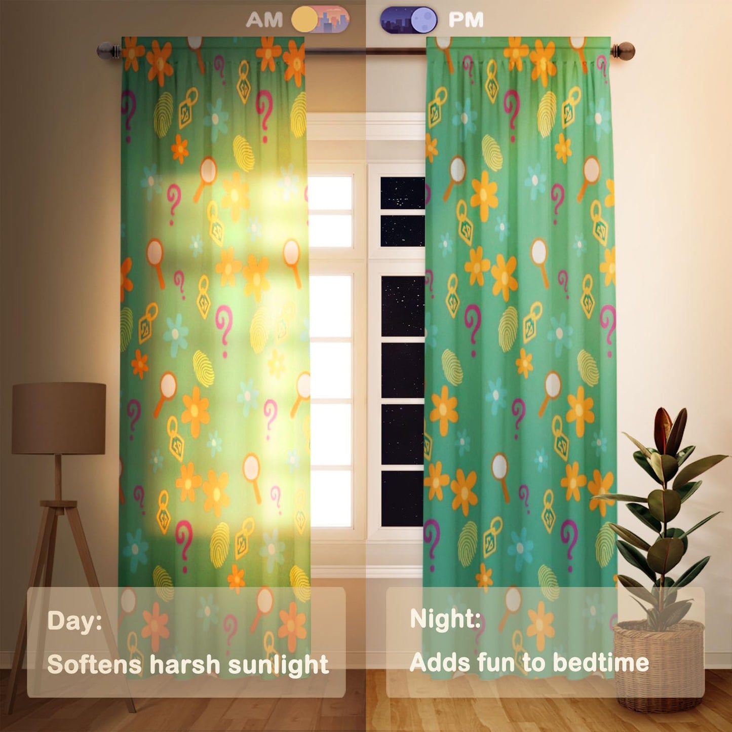 Funnytree 82" X 84" Colorful Mystery Pattern Window Curtains Magnifying Glass Icons Drapes Bedroom Home Room Decor Durable Fabric Machine Washable