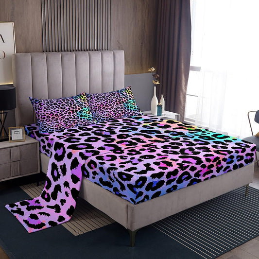 Erosebridal Women Cheetah Printed Sheet Set Full Size, Colorful Leopard Printed Bed Sheets Africa Leopard Pattern Decorative Fitted Sheet for Girls Woman, Soft Microfiber Top Sheet