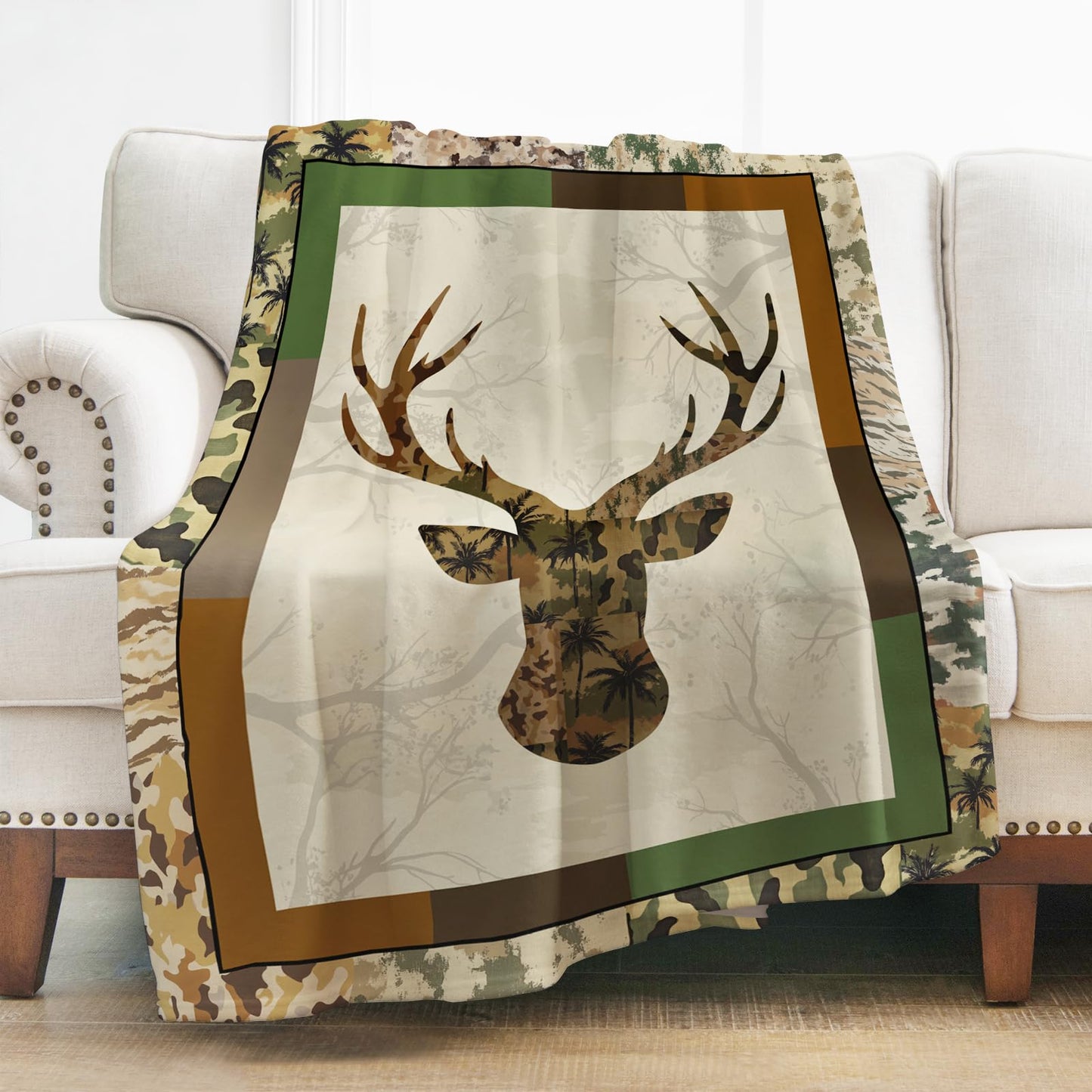 Levens Deer Blanket Camo Hunting Throw Blankets Gifts for Men Dad, 60"x50" Soft Flannel Elk Woodland Deer Camouflage Blanket Hunting Decor Couch, Christmas Birthday Gift for Hunters Camo Elk Lovers