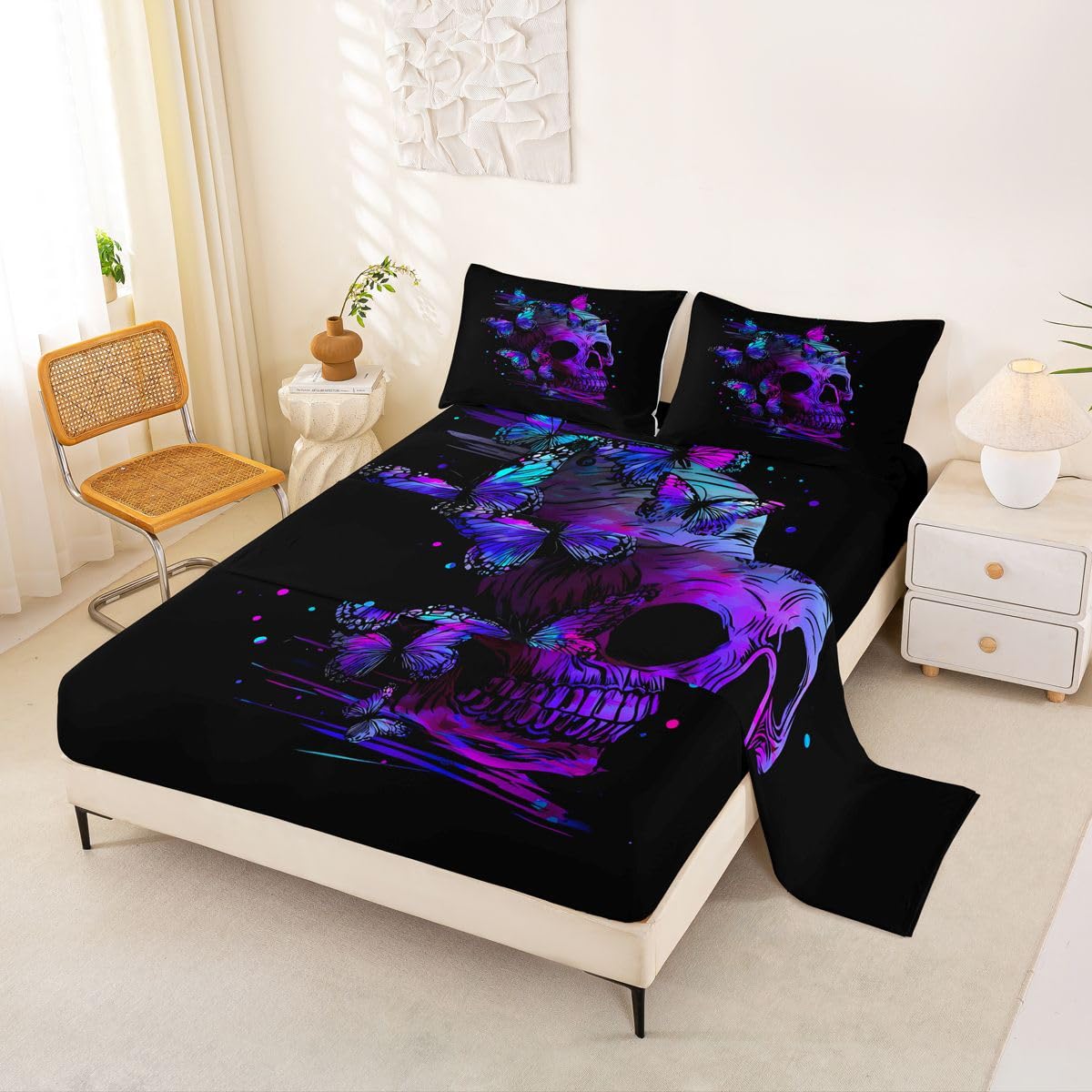 Erosebridal Purple Skull Bed Sheet Set King,Retro Psychedelic Butterfly Bed Sheets Gothic Sugar Skull Bedding Set for Girls Teens Women Room Halloween Fitted Sheet + Flat Sheet + 2 Pillow Cases Black