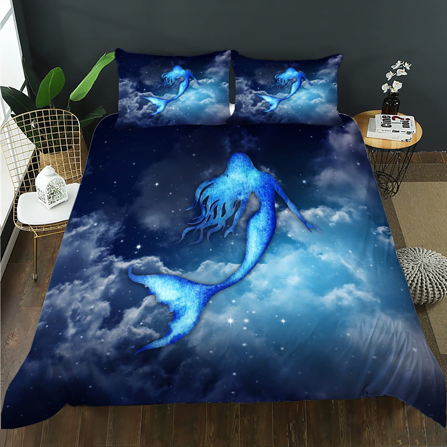 CVHOUSE Mermaid Duvet Cover King Size,Sky Cloud Mermaid Bedding Set for Girls Kids Teens,Blue Comforter Cover,1 Duvet Cover 2 Pillowcases 3 Piece