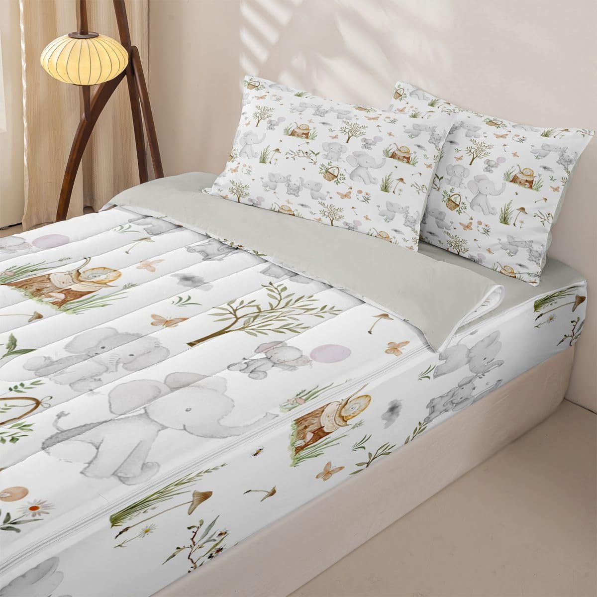 Erosebridal Kids Elephant Zippered Bedding Set Twin Nursery Cute Cartoon Animals Comforter Set Woodland Snails Wildlife Bed in a Bag Elephant Family Stump Butterfly Trees Zipper Quilt Fitted Sheet