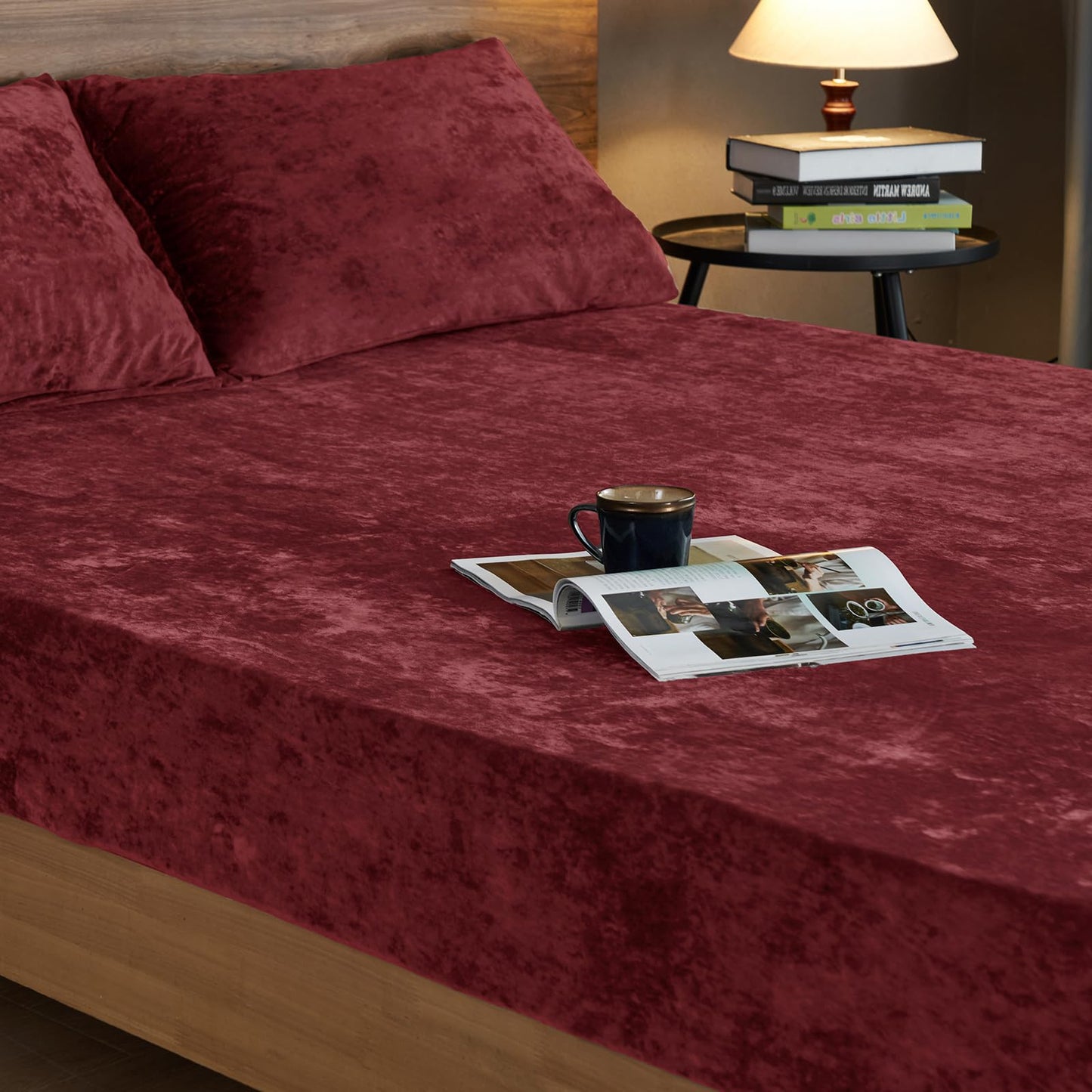 PHF Truly Velvet Fitted Sheet Only Full Size, Luxury Super Soft Cozy Fuzzy Flannel Bottom Sheet, Deep Pocket Up to 16",Strenghth Elastic Band, Suitable for Fall Winter Spring, No Pillowcases, Wine Red