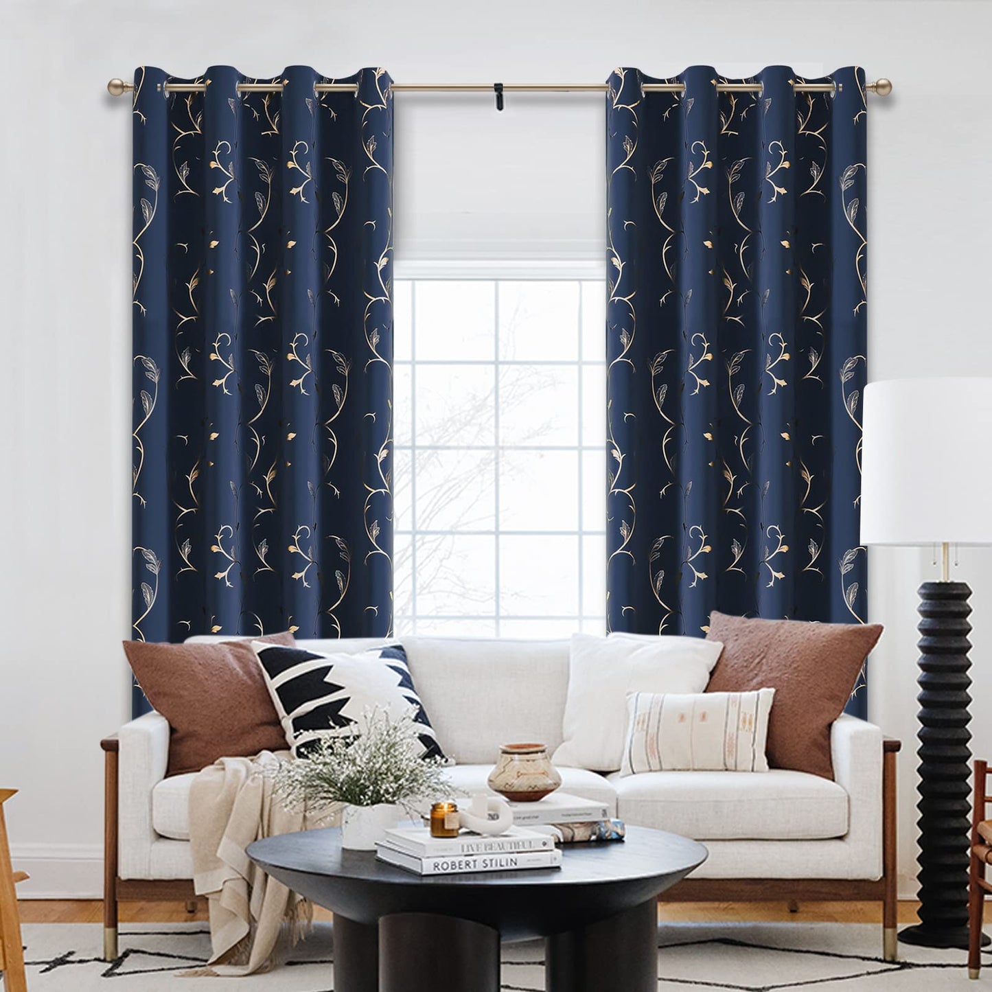 BUHUA Blackout Curtains Gold Foil Print Flower Vine Grommet Drapes, Room Darkening Thermal Insulated Curtains for Bedroom, Navy Blue, 52Wx96L, 2 Panels