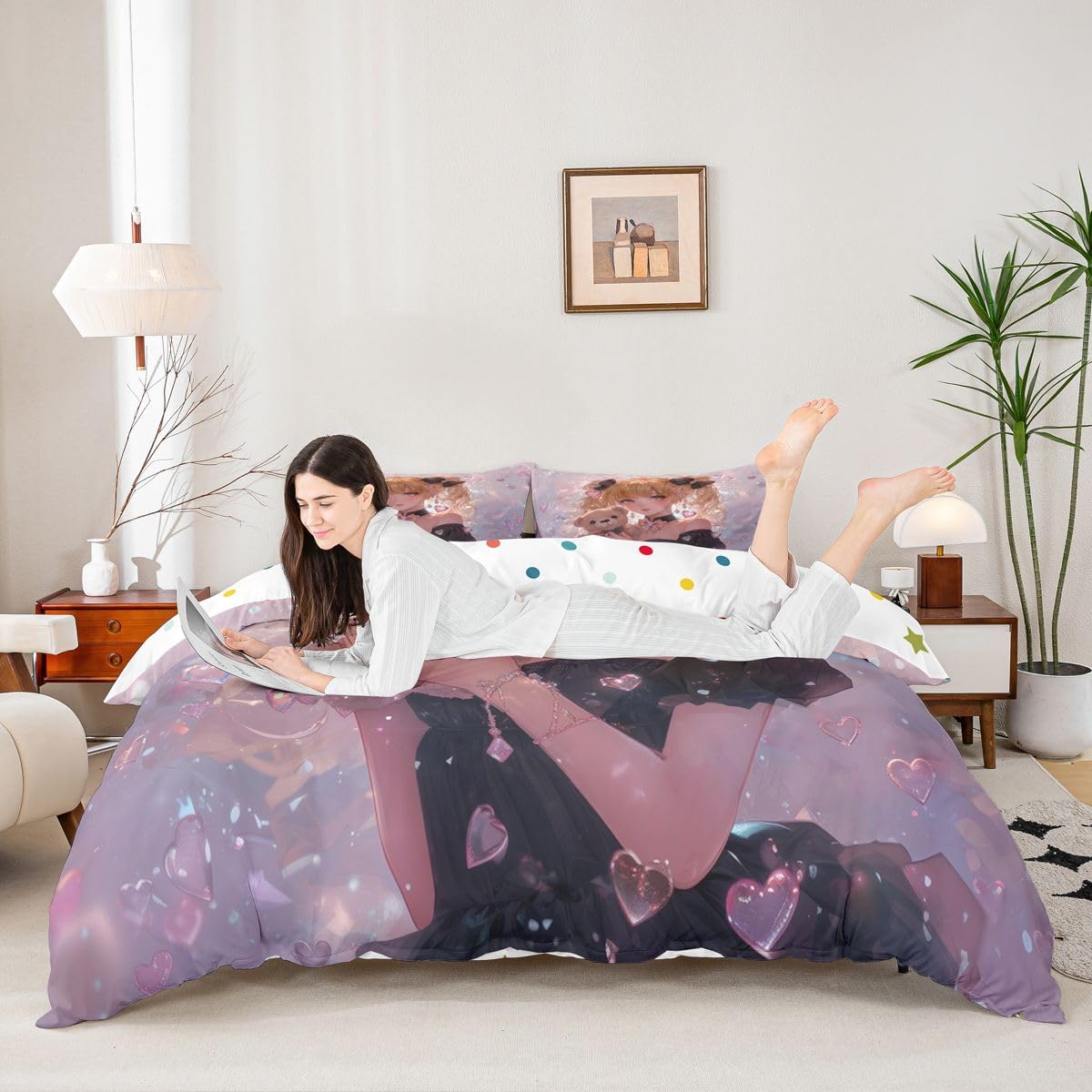 Erosebridal Bow Girls Twin Down Comforter Pink Kawaii Cartoon Anime Kids Comforter Set with 1 Pillow Case,Romantic Aesthetic Princess Bedding Set Japanese Style Girl Bed Set