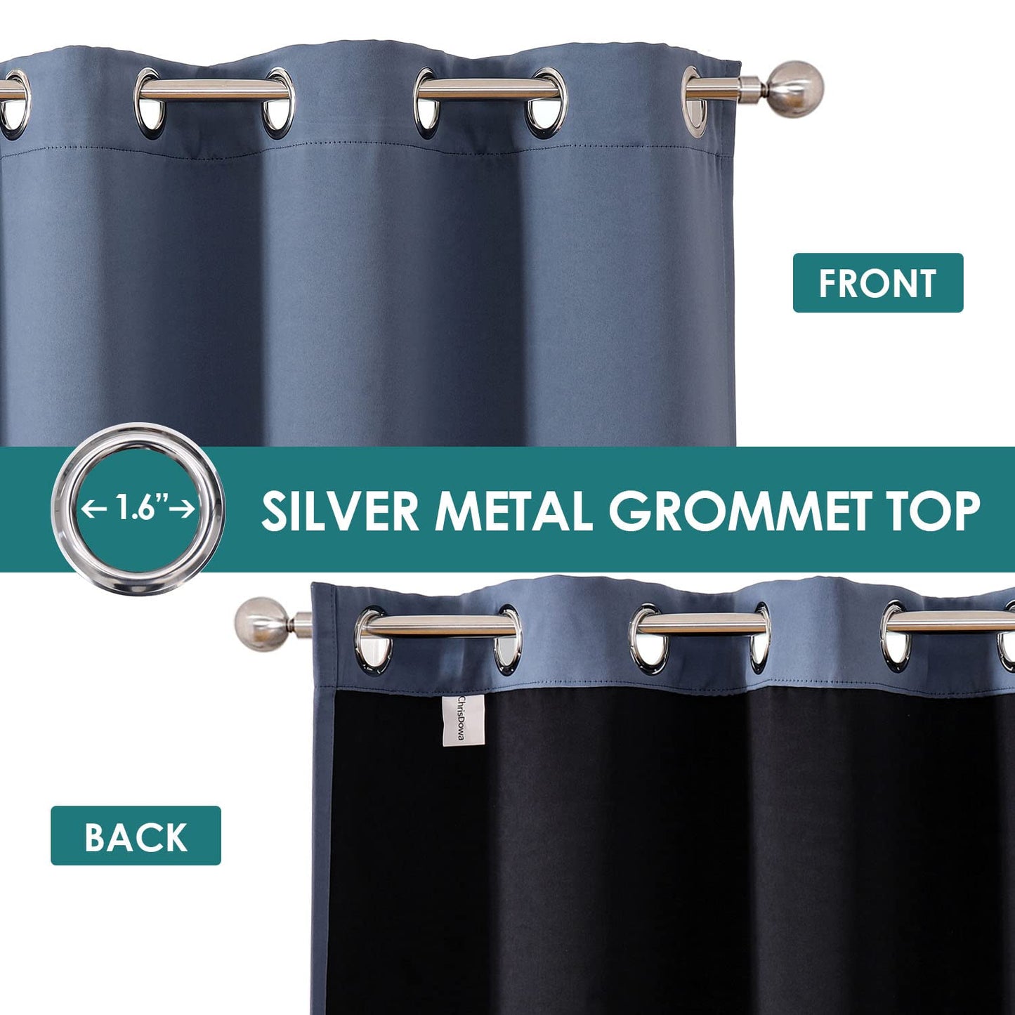 ChrisDowa 100% Blackout Curtains for Bedroom with Black Liner, 2 Thick Layers Total Blackout Thermal Insulated Grommet Window Curtains 2 Panels Set (Stone Blue, 52 x 63 Inch)