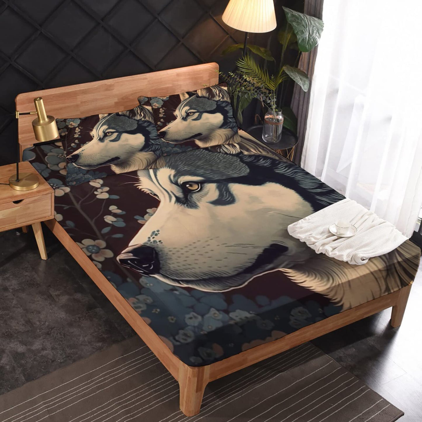 zcwl Queen Sheets Set, Siberian Husky Bed Sheets - Microfiber Bedding Sheets & Pillowcases 4 Piece, Dog Animal Patterned Sheet Set, 16 Inch Deep Pocket Fitted Sheet, Silky Soft Wrinkle Free