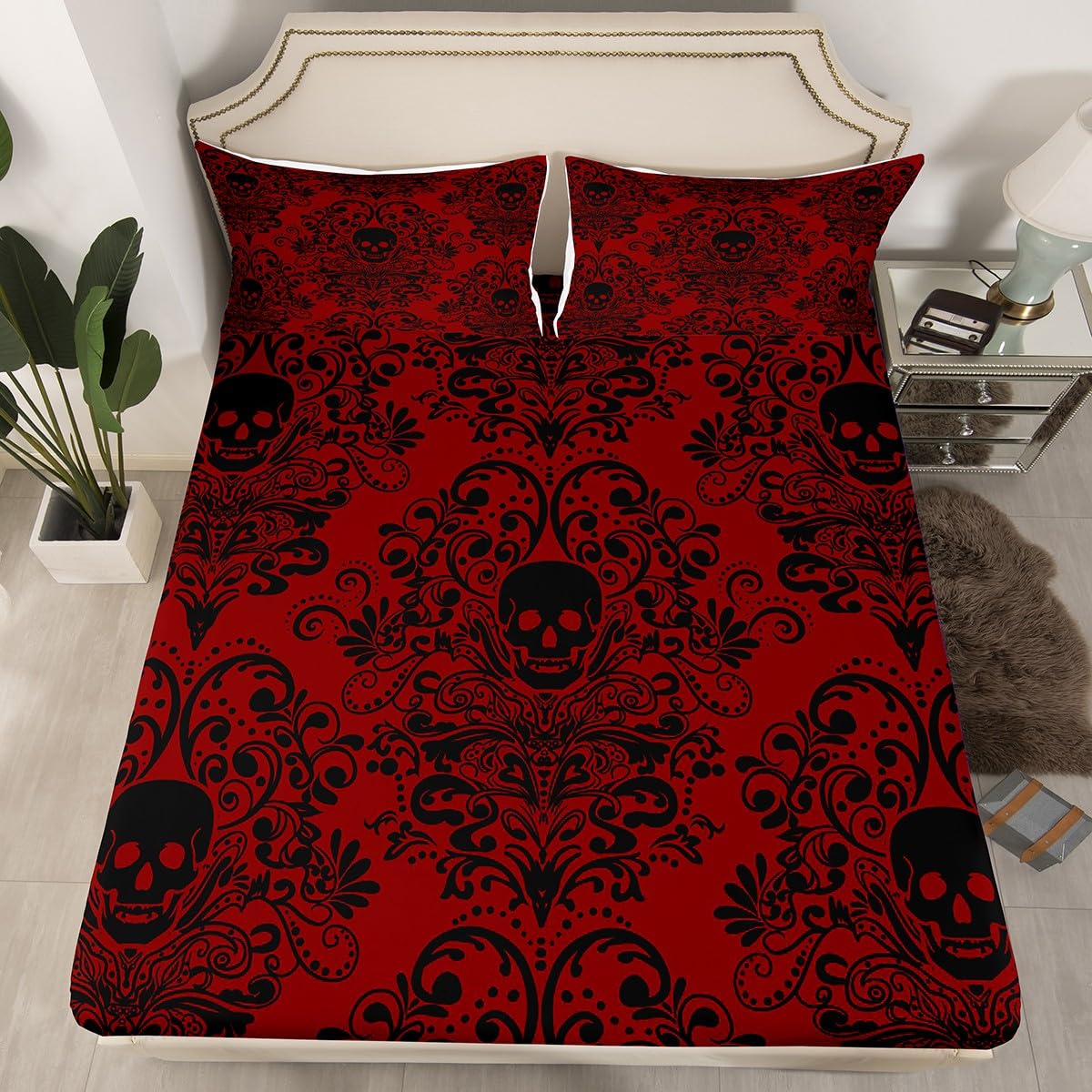 Feelyou Gothic Skull Bed Sheets Set Full Size Damask Print Bed Set Goth Bohemian Deep Pocket Fitted Sheet Black Red Breathable Soft Lightweight Microfiber