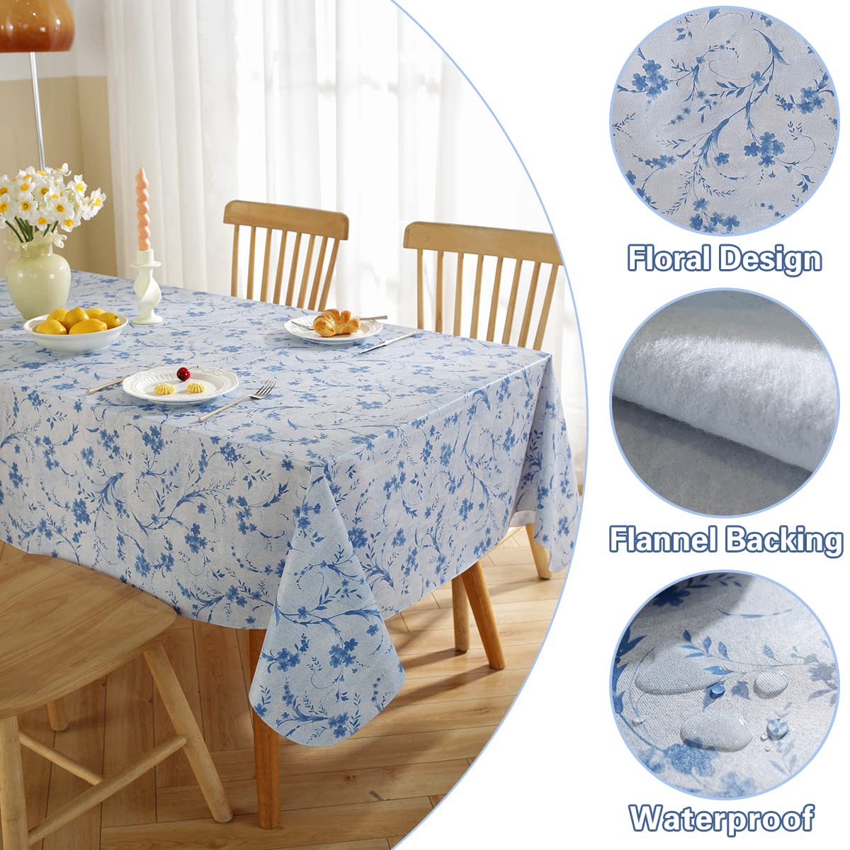 SASTYBALE Vinyl Tablecloth with Flannel Backing Rectangle 52 x 70 Inch, Floral Waterproof Wipe-able Rustic Plastic Tablecloth, Pastoral Table Cover for Dining, Picnic, Indoor, Outdoor, Blue