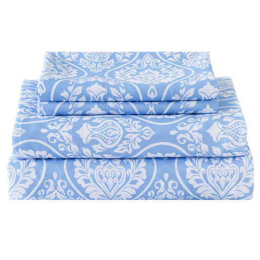 ChicView Queen Size Paisley Printed Sheet Set,4 Pieces Boho Style Breathable Soft Microfiber Bedsheets, Anti Pilling Deep Pockets Easy Care Bed Sheets, White Blue