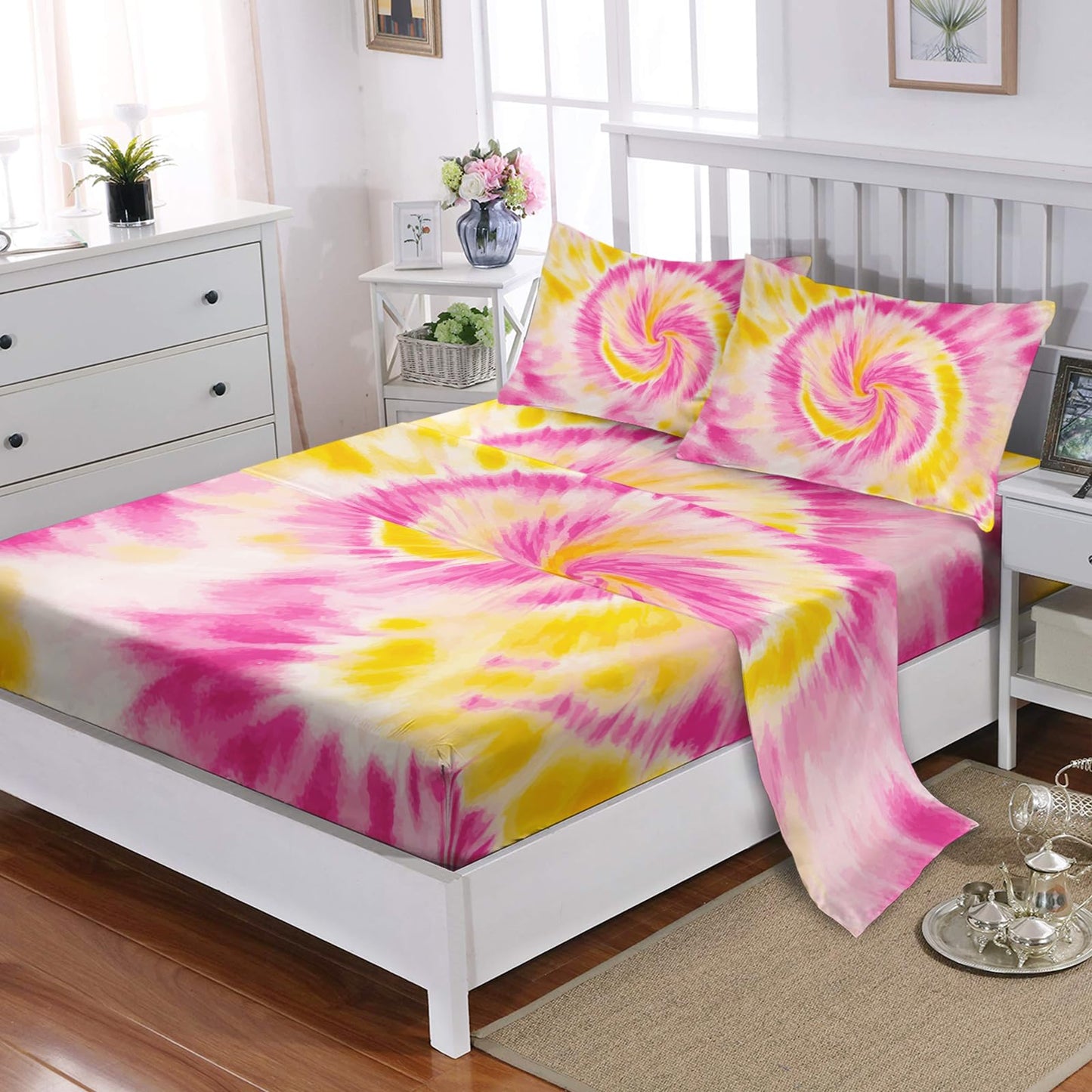 Nttopship Pink Tie-dye 4 Pieces Bed Sheet Sets Full Size Abstract Modern Art Bedding Sets with 16" Deep Pockets Graffiti Bedroom Decor,Bedding Set 4 PCS(1 Fitted+1 Flat+2 Pillowcases)