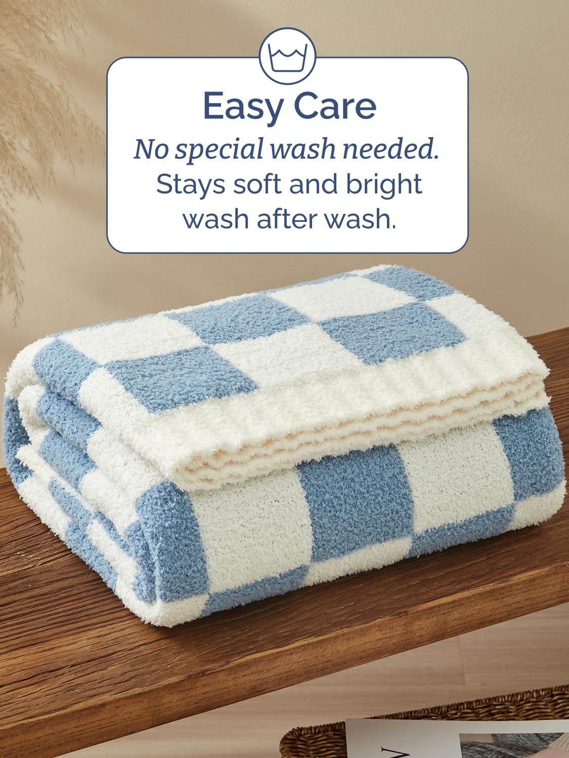 Super Soft Throw Blanket - Checkered Blanket for Couch, Bed, Sofa, Chair - Lightweight Warm Double Sided Knit - All Season Cozy, Fuzzy, Anti-Static Microplush Blanket for Women - 50x60 (Blue/Cream)
