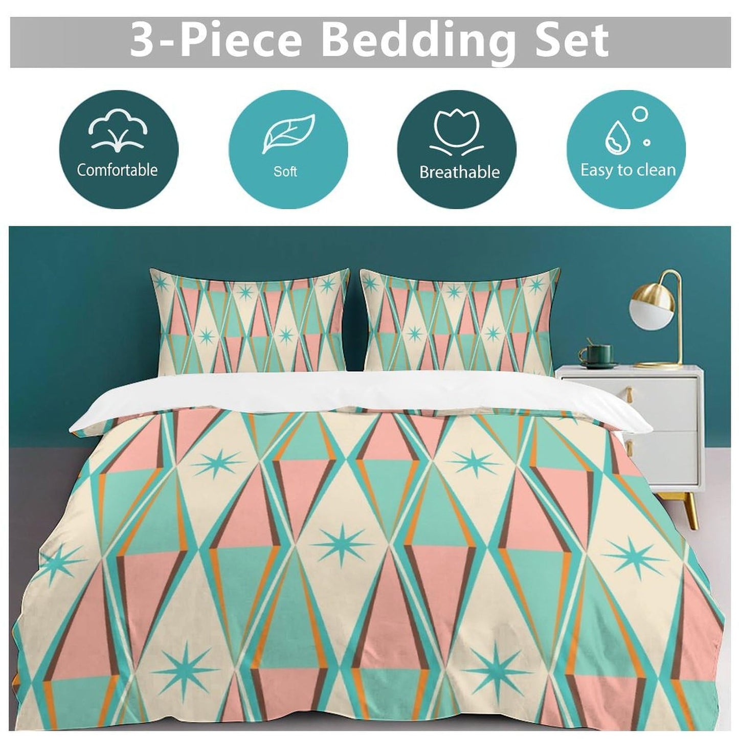Mid Century Duvet Cover Retro Atomic Bedding Set, Rainbow Grid Comforter Cover Vintage Fifties 1950s Bed Set, Aesthetic Abstract Art Bedding 3 Piece (1 Duvet Cover 86"x70" + 2 Pillow Sham 20"x30")