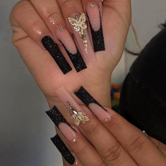 MERVF Coffin Press on Nails Long Fake Nails Black French Tip Glue ons 3D Butterfly Rhinestones Acrylic False Ballerina Luxury Nail Glitter Design Glossy 24pcs
