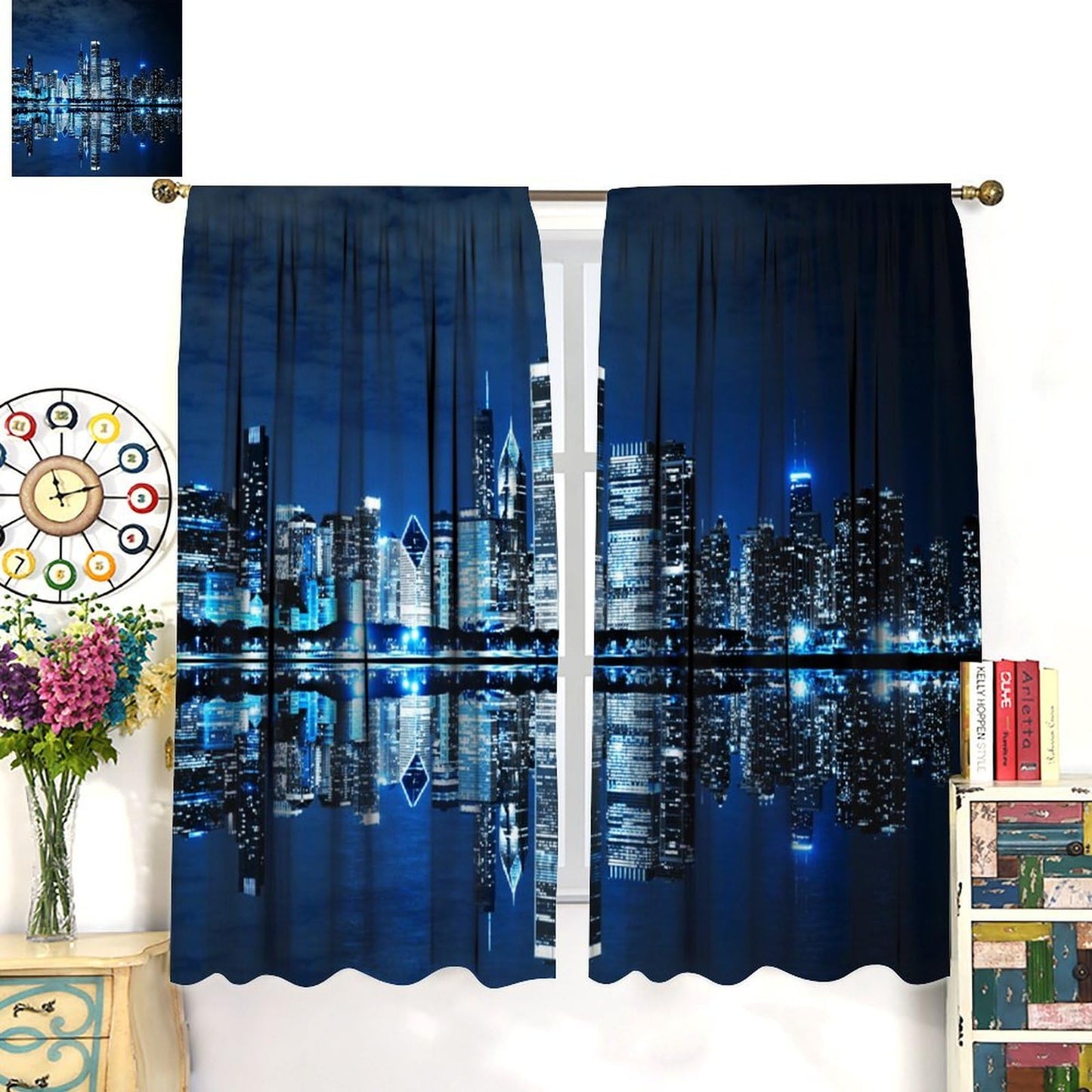 AAVEUP New York Night Curtains, 3D Ocean Manhattan City Architecture Neon Light Scenery Decor Window Treatments, Thermally Insulated Rod Pocket Drapes for Boys Girls Bedroom Living Room 42x45in