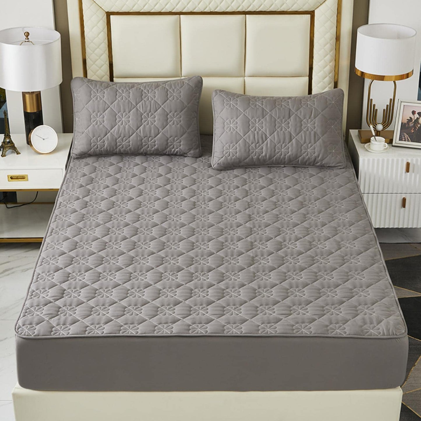 Extra Deep Pocket Fitted Sheet|Soft Breathable Bed Sheet|Non-Slip Non Pilling Protective Cover for Bed Mattress|Warmth Cotton Bedding Sheet|18”-24” Quilted Fitted Sheet (Gray, Queen)