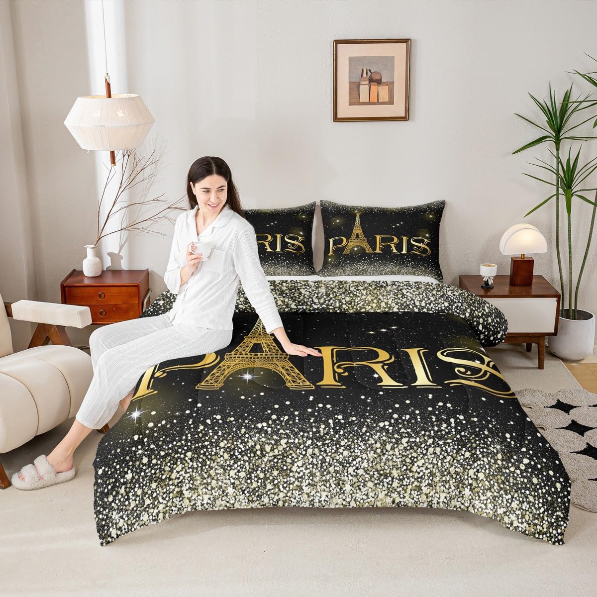 Erosebridal 2 Pcs Eiffel Tower Comforter Set,City Building of Paris Quilted Comforter Twin Size,Gold Yellow Ombre Glitter Bedding Set with 1 Pillow Case