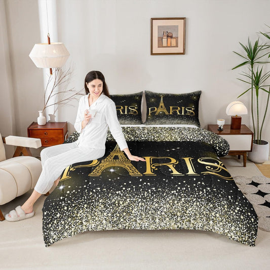 Erosebridal 2 Pcs Eiffel Tower Comforter Set,City Building of Paris Quilted Comforter Twin Size,Gold Yellow Ombre Glitter Bedding Set with 1 Pillow Case