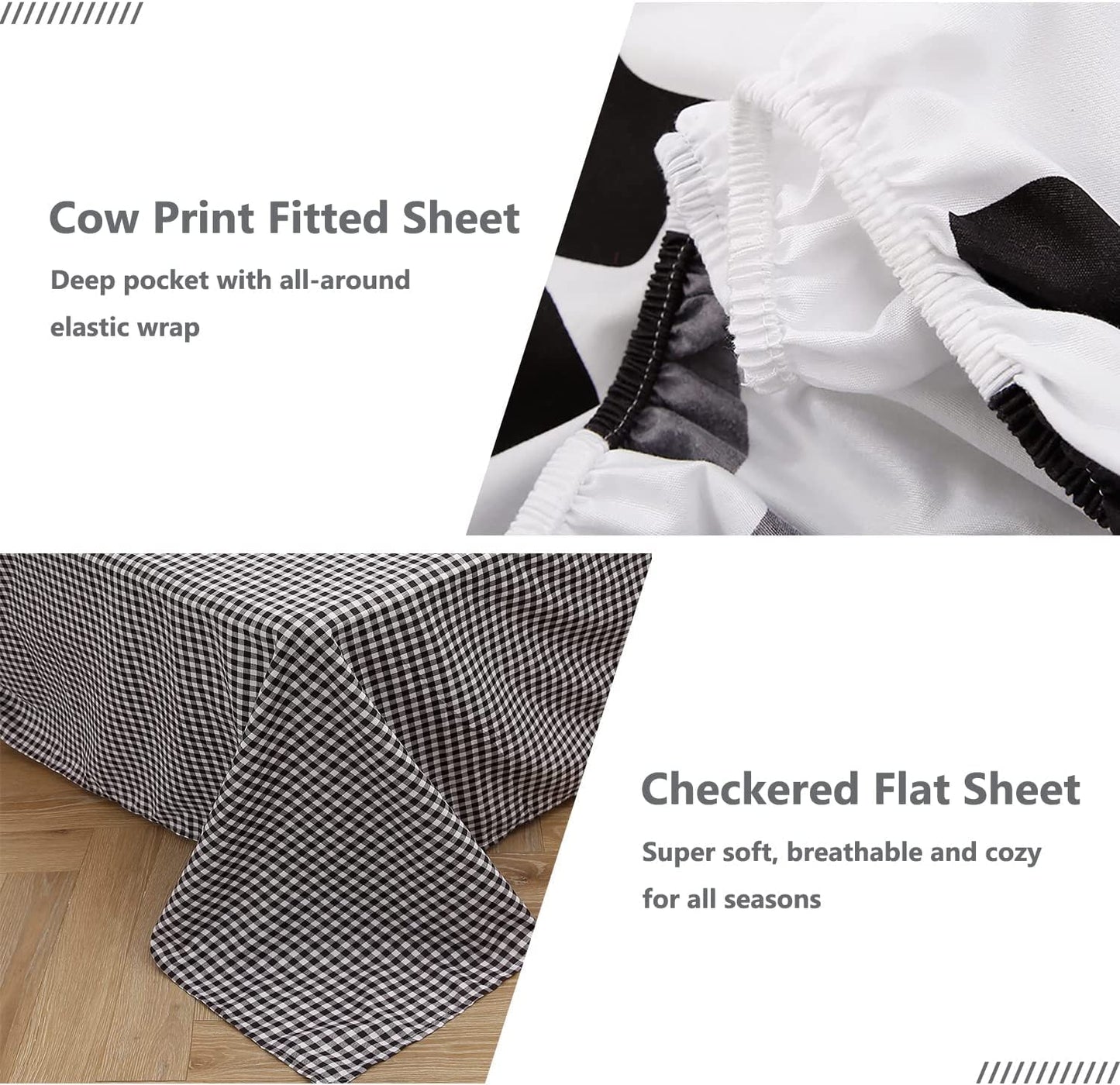 SUCSES Cow Print Full Size Comforter Sets, 8 Pieces Bed in A Bag Comforter Set with Sheets, Black and White Bedding Set for Kids Teens Boys Girls, Animal Print Cute Kid Full Size Bedding