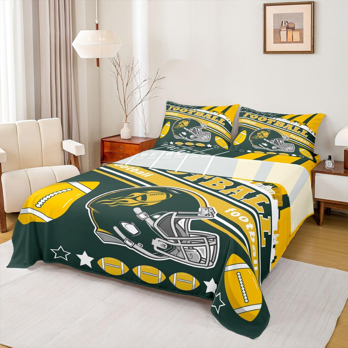 Feelyou Football Bed Sheets Set Boys Teens Twin Size Women Men Rugby Sports Bedding Set Football City Fitted Sheet with 16 Inch Deep Pockets