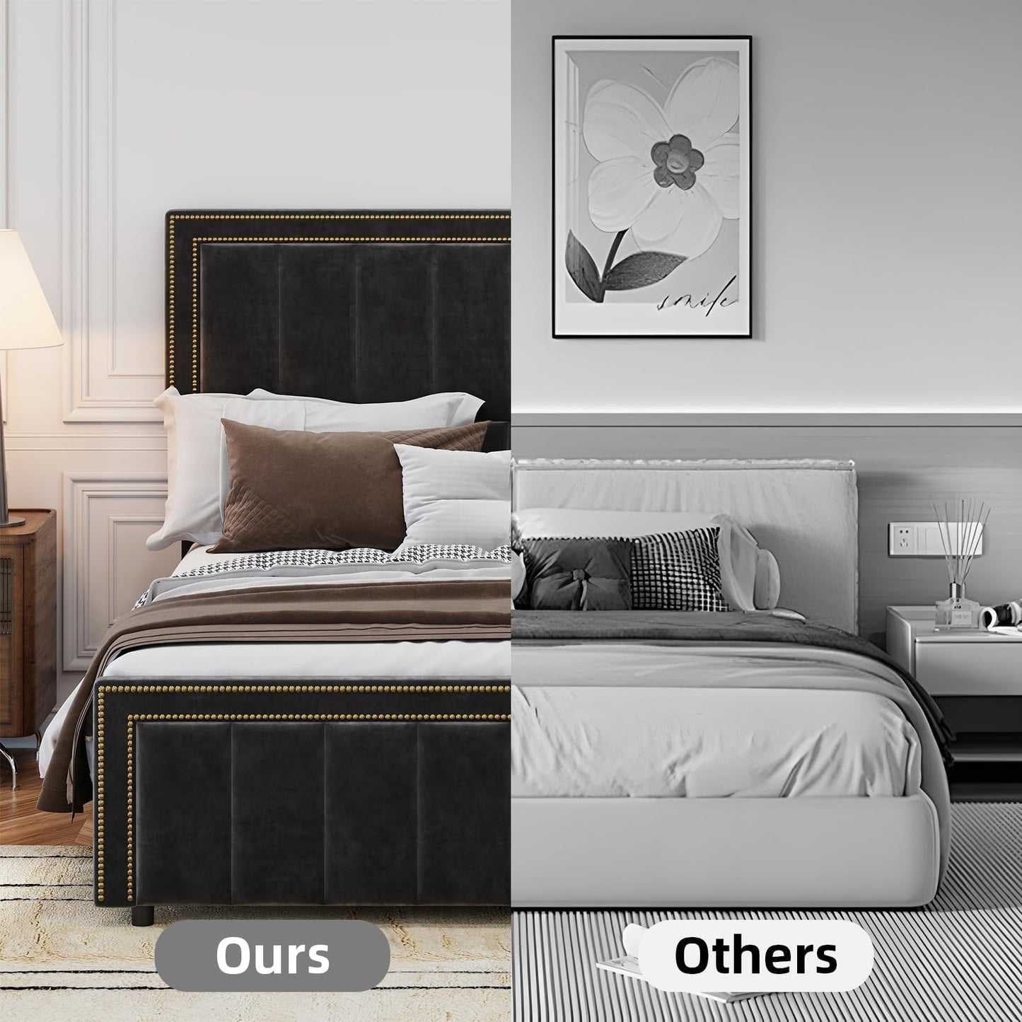 BarnFurin Full Size Bed Frame with 50" Tall Headboard and Footboard, Chenille Upholstered Platform Bed, Vertical Channel Tufting with Nailhead Trim, No Box Spring Needed, Easy Assembly, Black