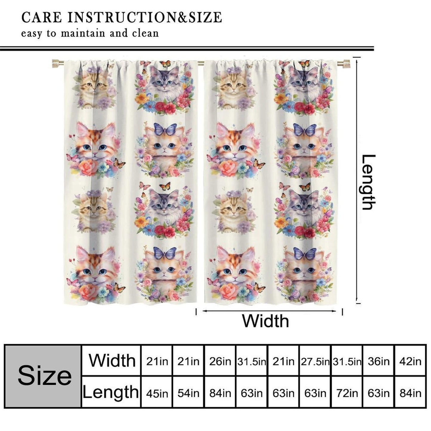 VUMIVI Watercolor Flower Cat Curtains Colorful Cartoon Cute Animals Butterflies Abstract Art Print Rod Pocket Window Treatments for Kids Boys Girls Bedroom Kitchen Living Dining Cafe 42" W X 44.5" L