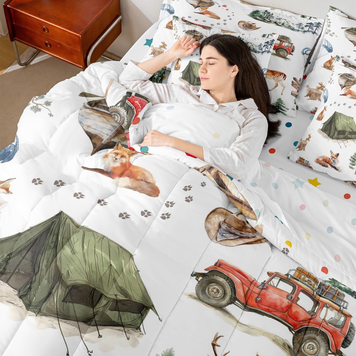 Erosebridal Wild Animal 7 Piece Comforter Set Twin Happy Camping Bed in A Bag Fox Deer Wildlife Woodland Animals Bedding Sets for Boys Girls Camper Car Western Cowboy Sheet Set with Comforter