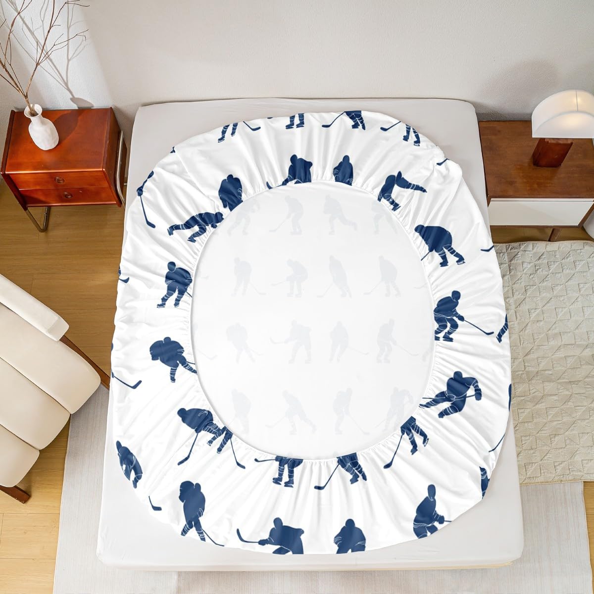 Erosebridal Ice Hockey Sheet Set Full Hockey Player Bed Sheets for Kids Boys Girls Teens Juvenile Sports Game Fitted Sheet Ball Competitive Games Bed Cover Winter Sports Bedroom Decor