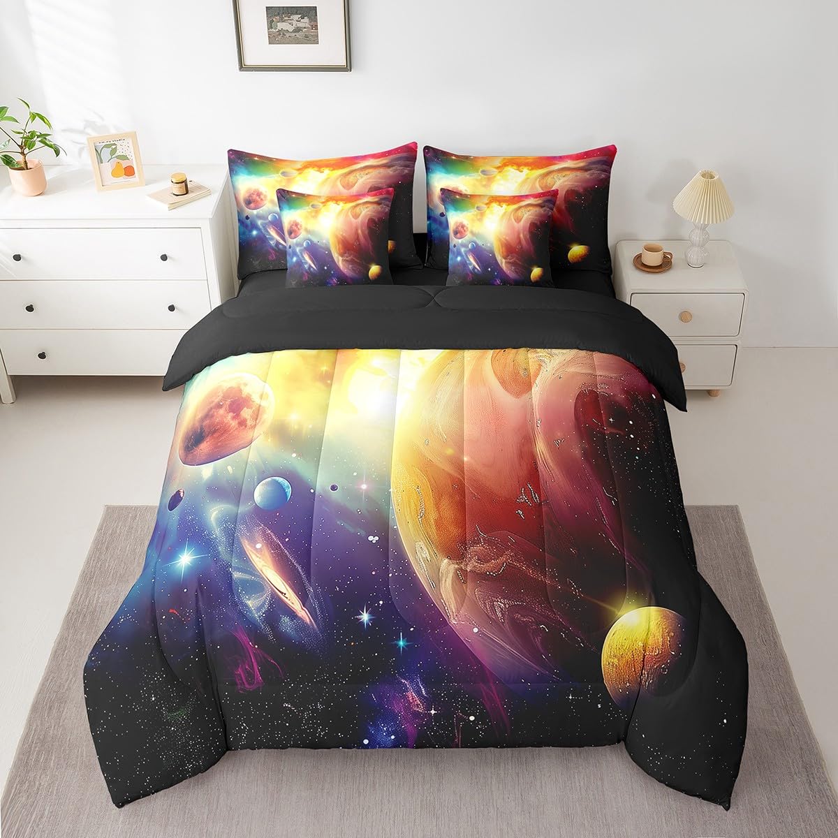 Erosebridal Outer Space Comforter Set for Kids Boys Girls 7 Piece Twin Purple Galaxy Quilt with Flat Fitted Sheet 3D Universe Planet Bed in A Bag Solar System Theme Bedding Sets