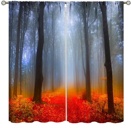 DDCBNS Autumn Forest Curtains,Misty Forest Red Fall Leaf Landscape Décor Curtains for Bedroom Living Room Kitchen Drapes 2 Panel Set,Total Size 42" x 45"