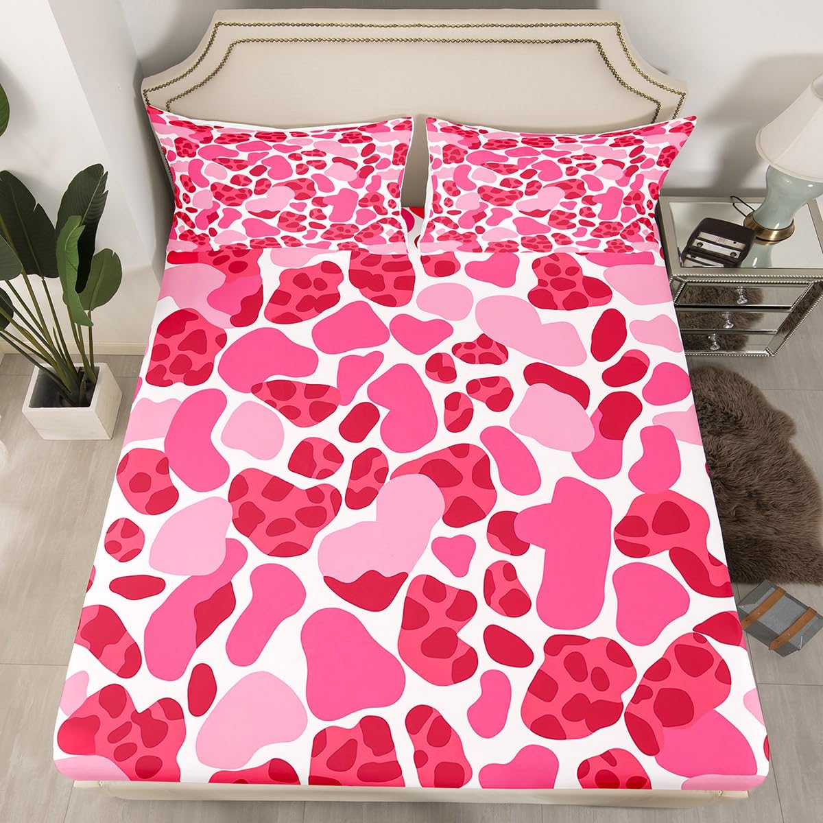 Feelyou Leopard Fitted Sheet Queen Size Cheetah Bed Sheet Set for Boys Teens Decor Hot Pink Bedding Set Safari Bed Cover Bedroom Animal Print Bed Set 3Pcs