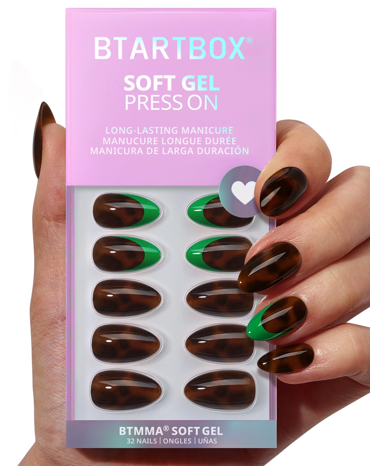 BTArtbox Press On Nails Short - Emerald Code, Tortoiseshell Almond Press On Nails with Glue and Adhesive Tabs for Women, Soft Gel Glue On Nails in 16 Sizes - 32 Stick On Nails Kit