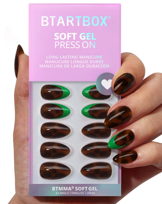 BTArtbox Press On Nails Short - Emerald Code, Tortoiseshell Almond Press On Nails with Glue and Adhesive Tabs for Women, Soft Gel Glue On Nails in 16 Sizes - 32 Stick On Nails Kit