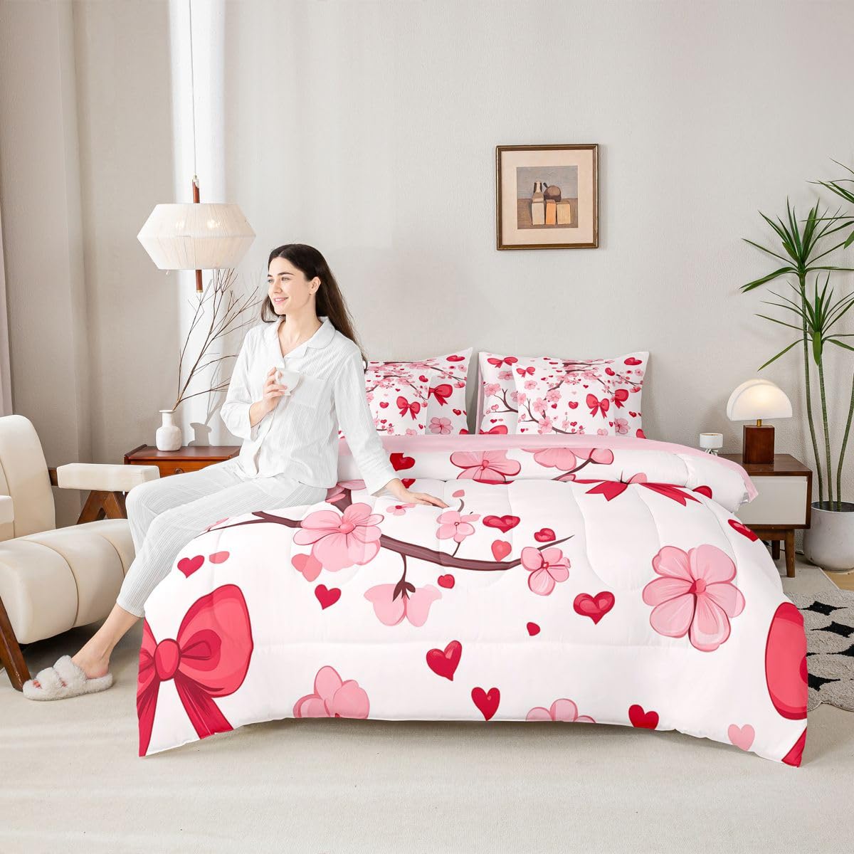 Erosebridal Pink Bowknot Queen Size Comforter Set,Cherry Blossom 7-Piece Bed in A Bag,Bowtie Heart Pattern Sheets and Pillowcases,Japanese Flower Pink Floral Branch Bedding Set Room Decor
