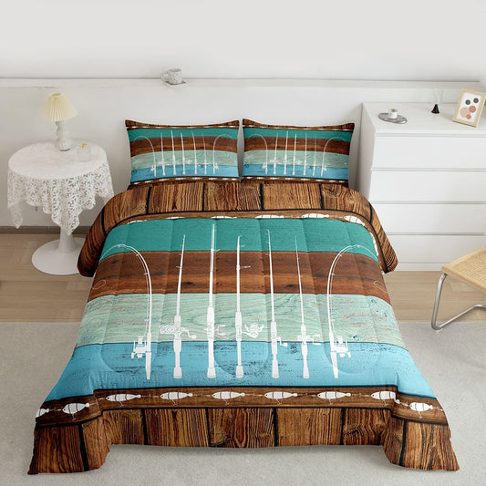 Go Fish Vintage Fishing Pole Queen Comforter Set - Blue/Brown Patchwork, Rustic Home Decor, Angle Hook Accessories