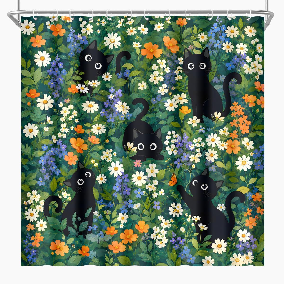 BIYSUC Cute Cat Shower Curtain Funny Boho Floral Daisy Flower Fun Kitten Animal Wildflower Farmhouse Bathroom Waterproof Polyester Fabric 72Lx72W Inch with Hooks