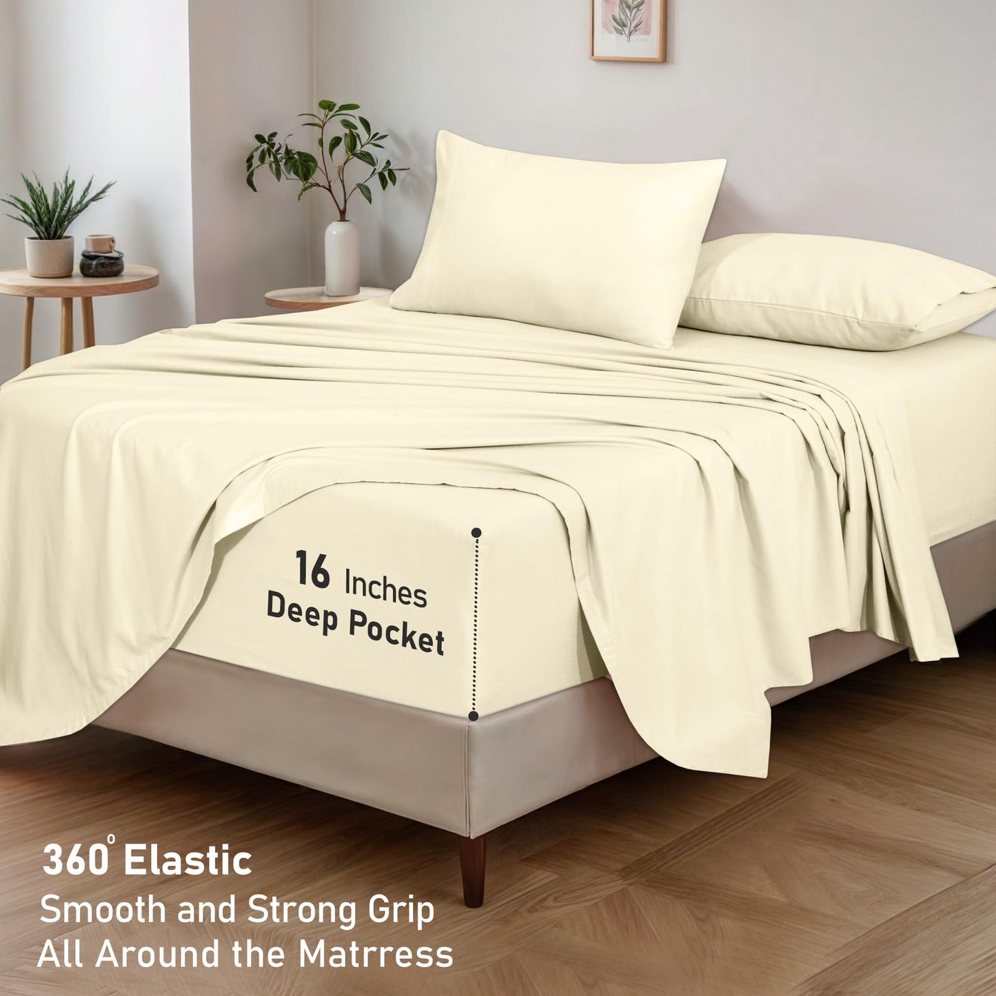 RUVANTI Flannel Sheets Queen Size - GOTS Certified 100% Organic Cotton, 4 Piece Warm, Soft & Breathable Set, Deep Pocket Snug Fit, Double Brushed Cozy All Season Bedding, Winter White