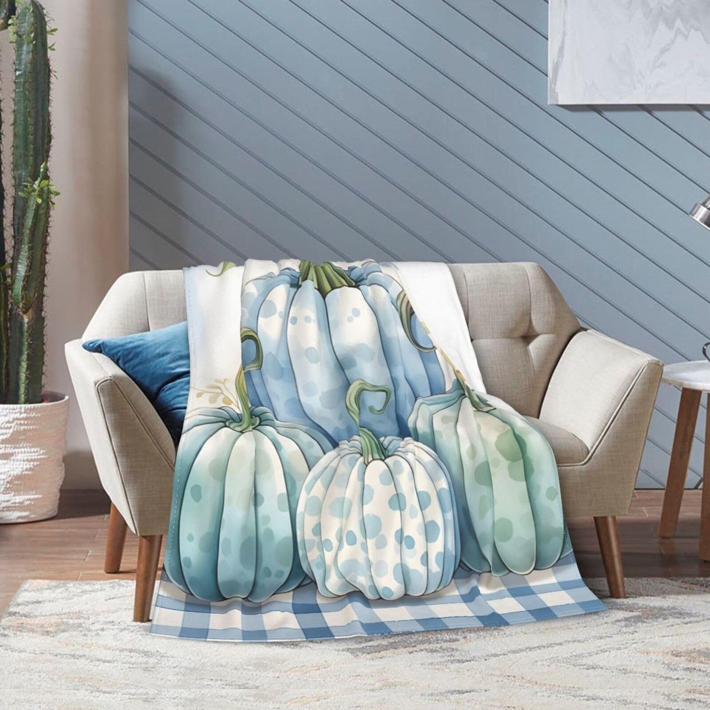 Blue Pumpkins White Gingham Throw Blanket for Couch Soft Blanket for Bed Bed Sofa Decor for Living Room Bedroom 60"X50"