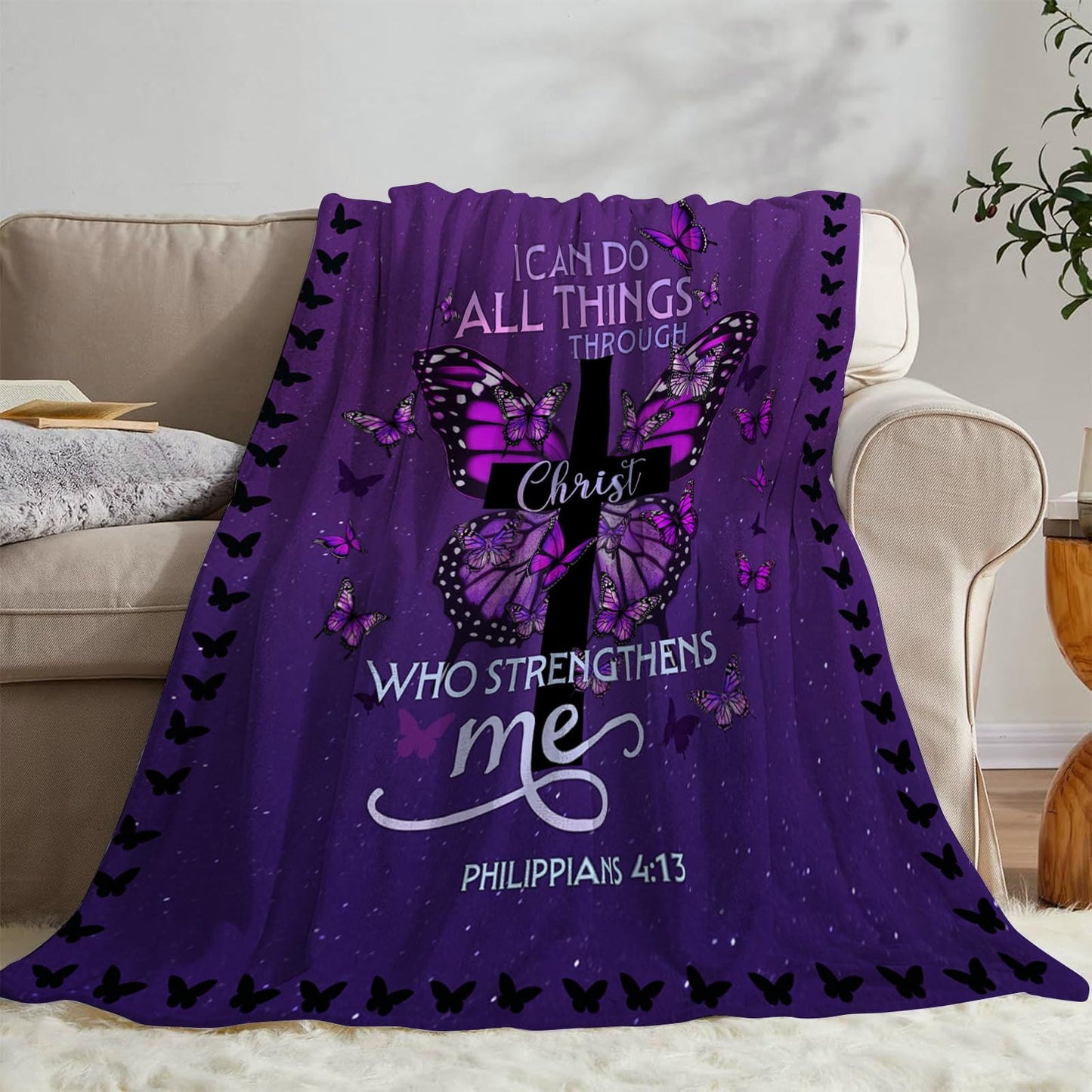 CIUGOIG Christian Gifts for Women - I Can Do All Things Christ Blanket 50"x60" - Inspirational Religious Birthday Catholic Spiritual Gifts Faith Based Gift - Purple Christian Throw, Butterfly
