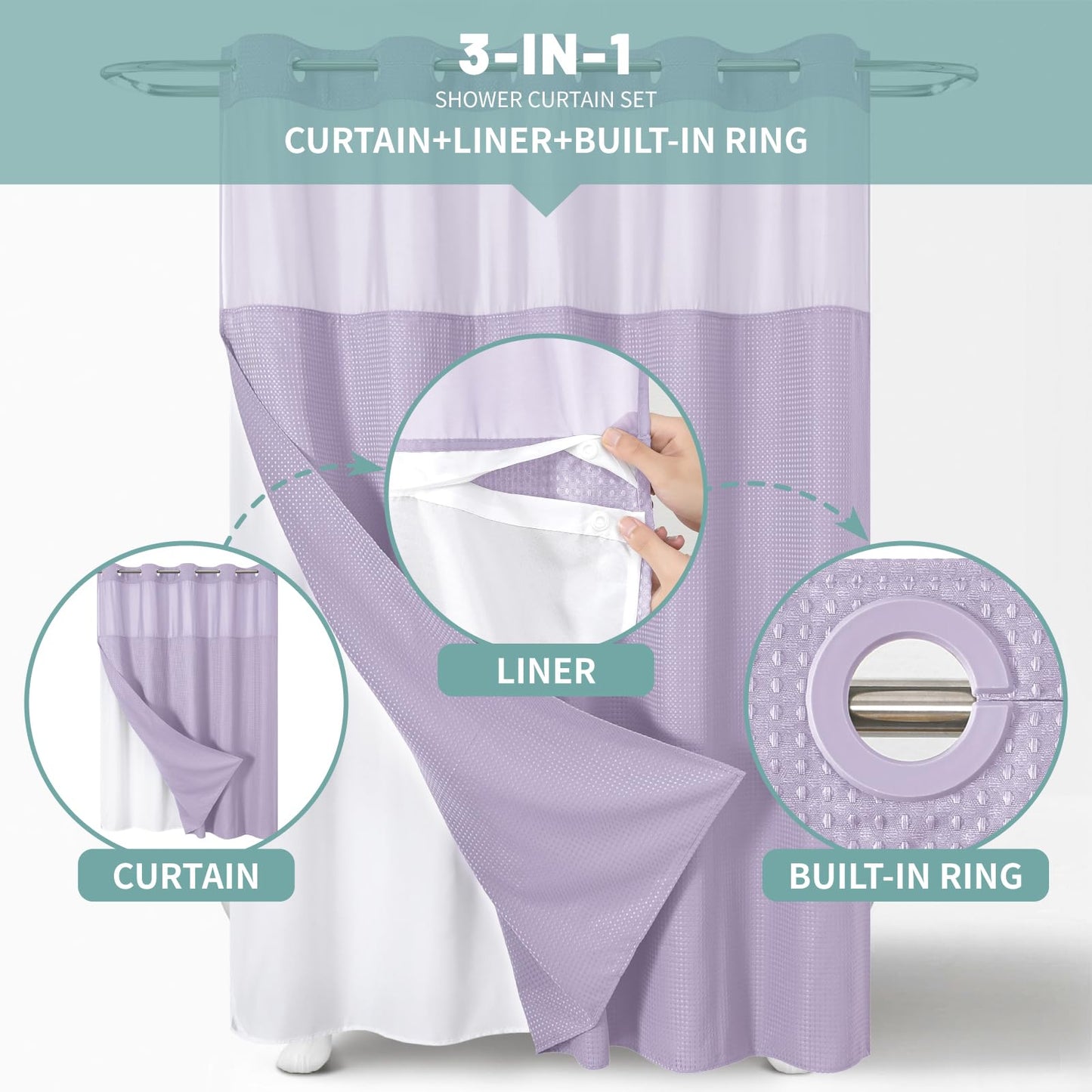 eachope Lavender No Hook Waffle Weave Shower Curtain with snap-in Liner Replacement, 230GSM Waterproof Fabric Hotel Shower Curtain Set for Bathroom, Through Mesh Top Window,71Wx74H