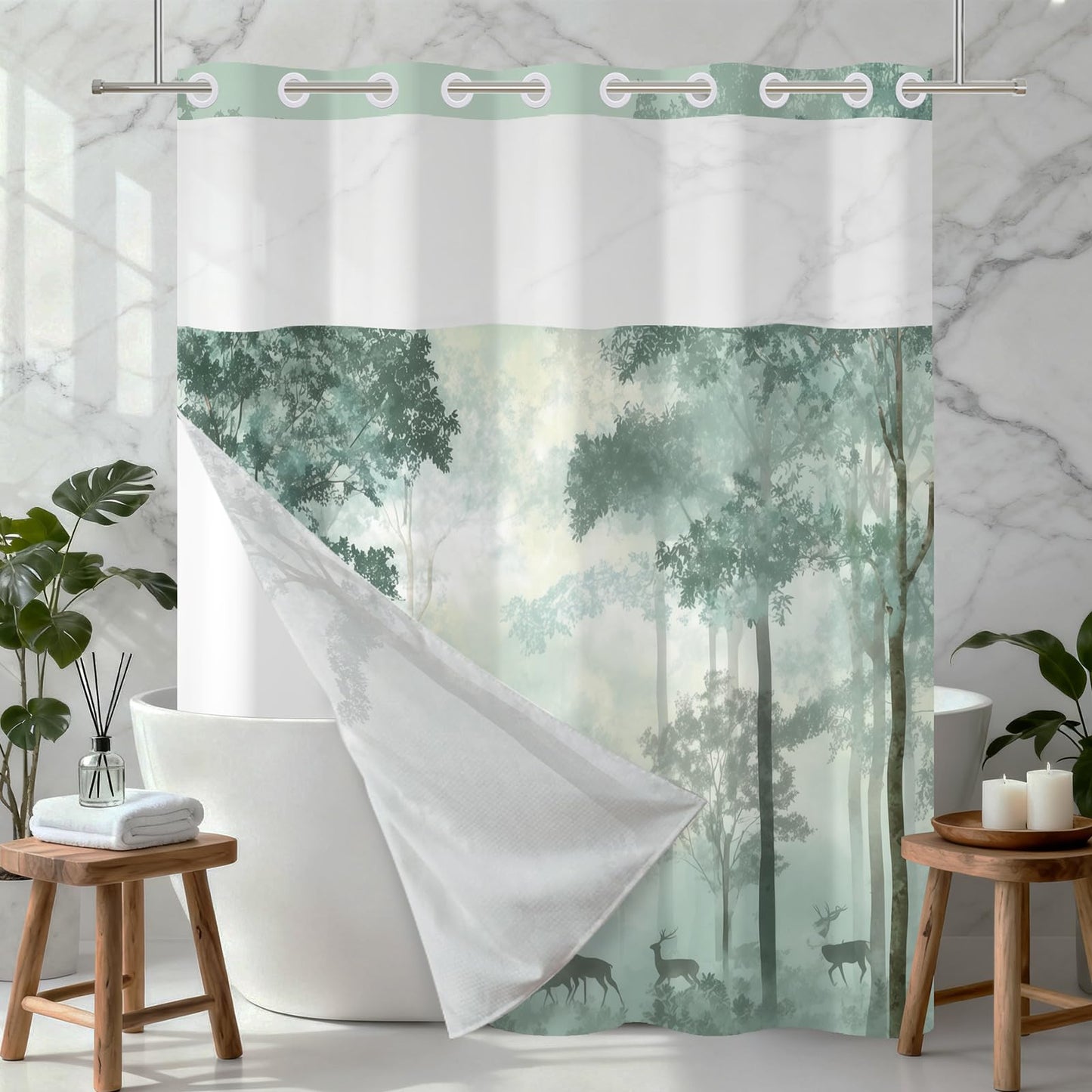 Xiazhilaio No Hook Nature Shower Curtain with Liner 71 x 74 Inch - Sage Green Misty Forest Pattern, Waterproof Fabric Bath Curtain with Mesh Top for Modern and Rustic Bathroom Decor
