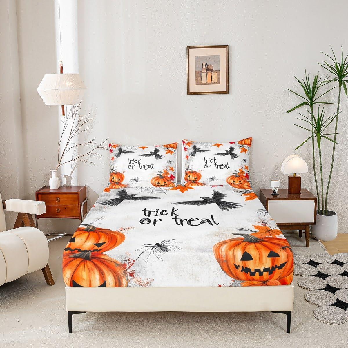 Feelyou Kids Halloween Bed Sheet Set Full Size, Pumpkin Fitted Sheet Boys Girls Trick or Treat Bedding Set Spider Web Teens Bedroom Decor (2 Pillow Cases and a Fitted Sheet)