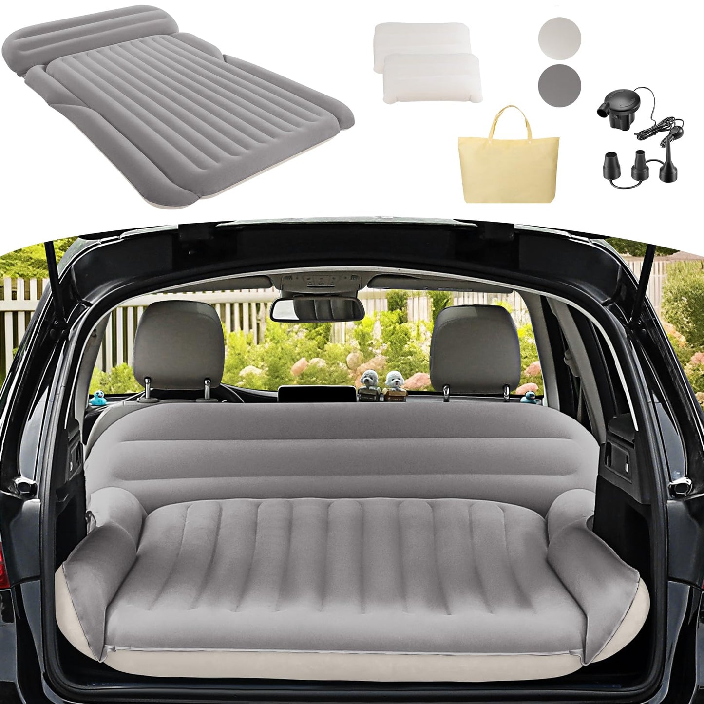 KMZ SUV Air Mattress Thickened Double Flocking Camping Mattress Upgraded Portable Sleeping Car pad Comfortable Inflatable Travel Bed with External Pump and 2 Pillows（Off-White and Light Gray）