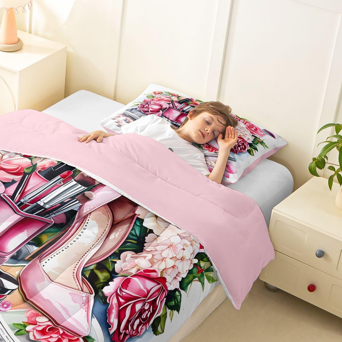 Erosebridal Pink High Heel Comforter Set Romantic Rose Floral Twin Bedding Sets for Girls Young Boys Beauty Perfume Girly Comforter Modern Fashion Quilt