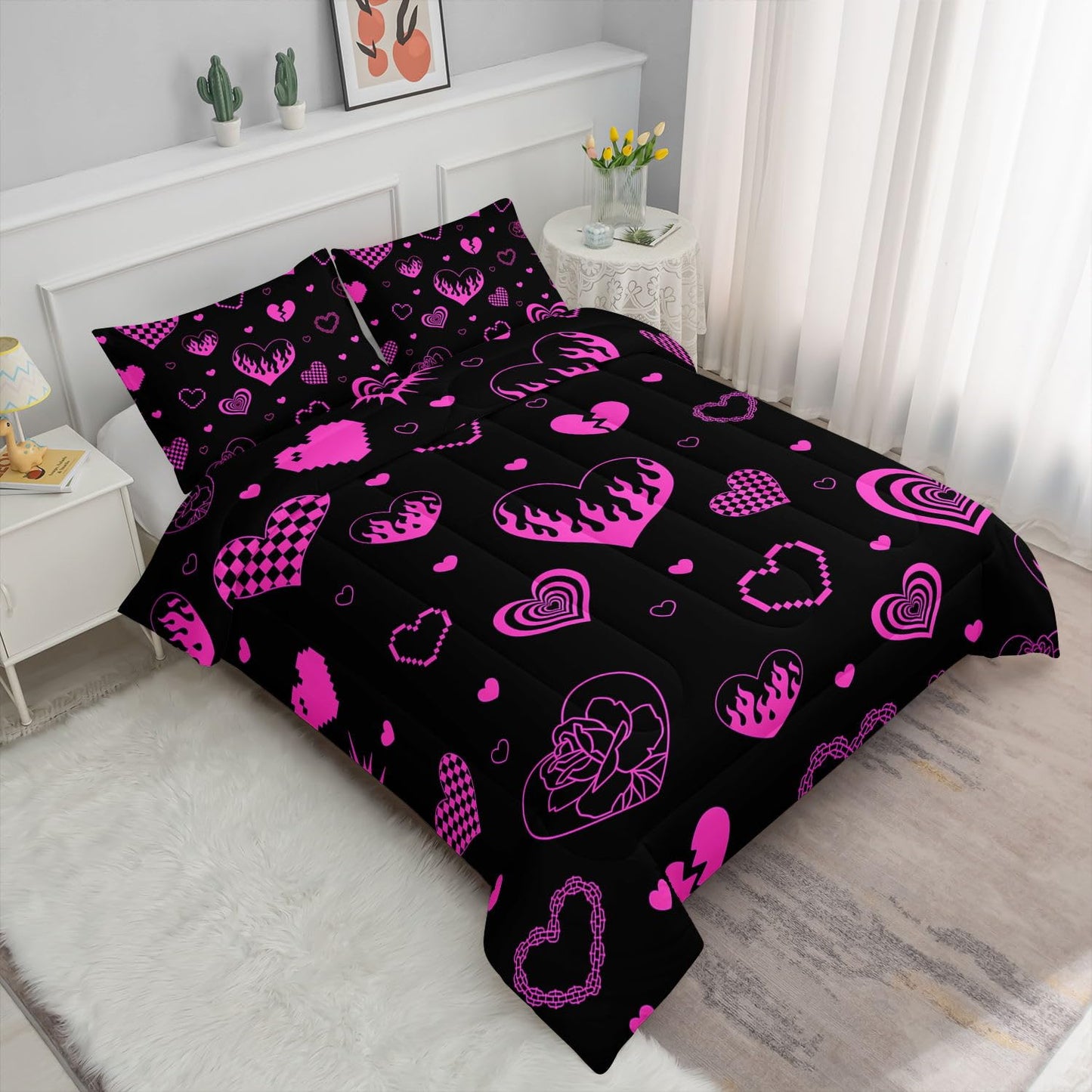 Smell Sunshine Heart Comforter Set Pink Rose Printed Bedding Set with 1 Comforter and 2 Pillowcases for Boys and Girls Bedroom All Season(Love Twin)