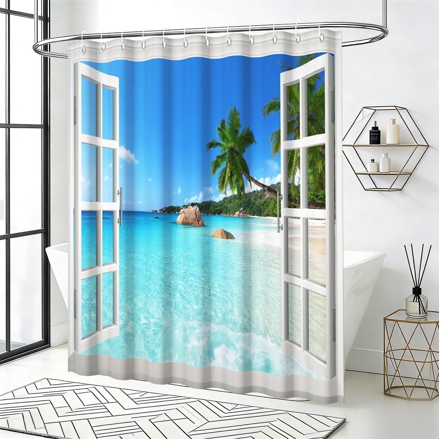 Yeele Ocean Beach Fake Window Shower Curtain, Tropical Seascape Bathroom Decor, Machine Washable Decorative Bath Curtain 60x72 Inch with Hooks