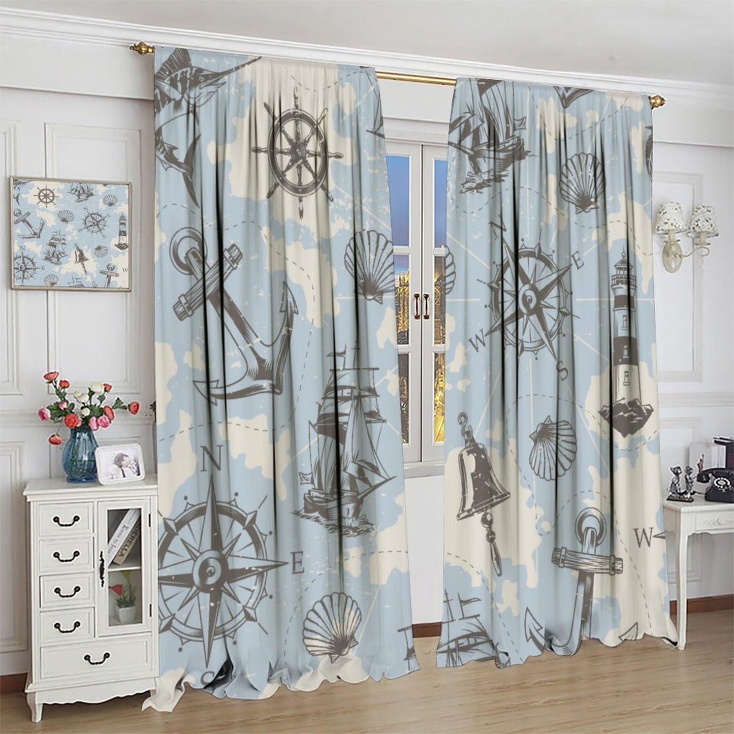 XBDDZSW Nautical Sailboat Map Curtains Sketch Pirate Ship Wheel Compass Starfish Coral Reef Nautical Map Pattern Print Window Drapes for Bedroom Living Room Kitchen Decor,2 Panel Set,42x45 Inch Decor