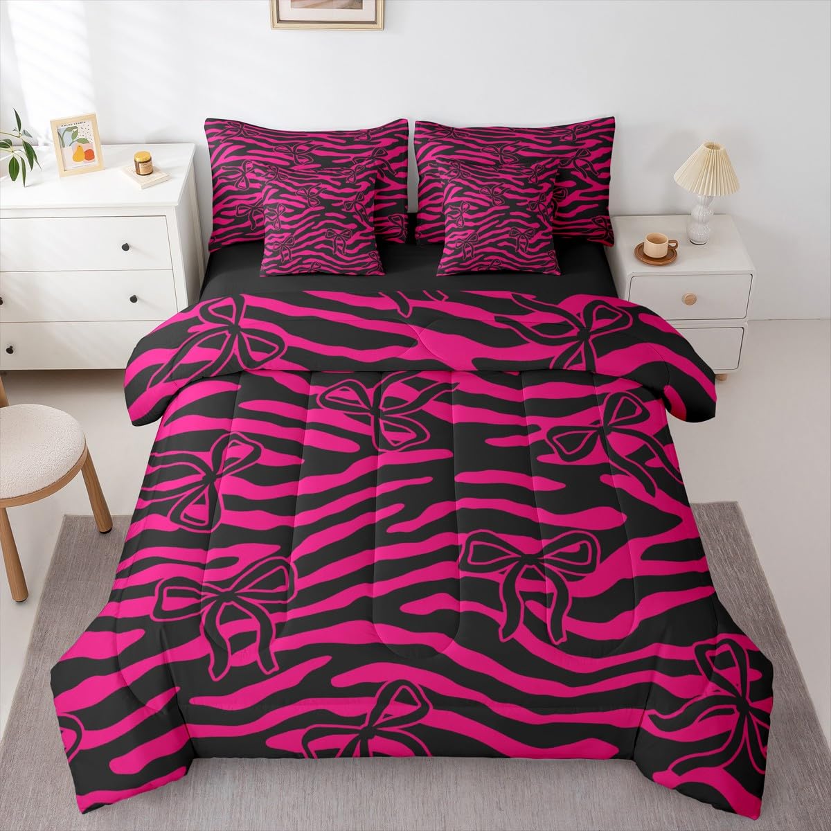 jejeloiu Bow Comforter Set with Sheets 7 Piece Twin Size Zebra Stripes Bedding Set for Kids Boys Girls Wild Animal Skin Bed in a Bag Cute Bowknot Room Decor Hot Pink Soft Lightweight Microfiber