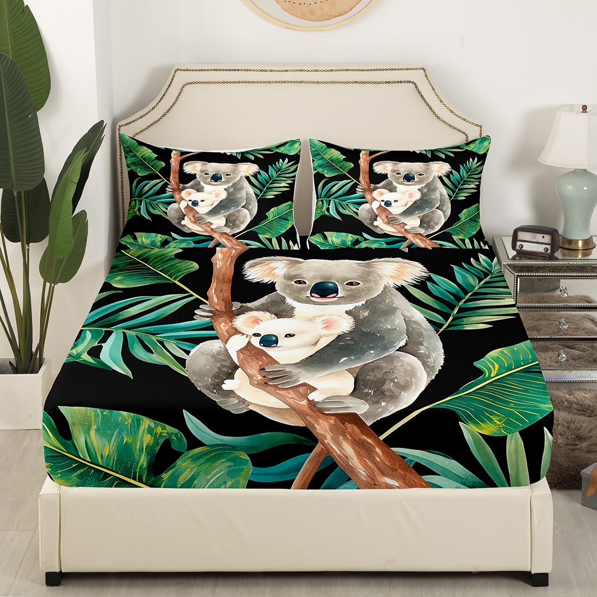 Erosebridal Koala Bedding Set, Cartoon Cute Koala Bed Sheet Twin Size for Kids Boys Girls, Animal Fitted Sheet, Tropical Palm Leaf Bedspread Cover Bedroom Living Room Decor